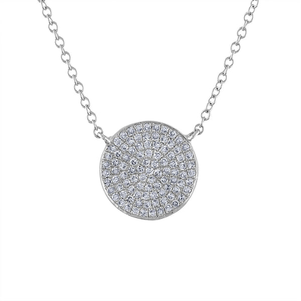 14k White Gold diamond medium disk pave necklace