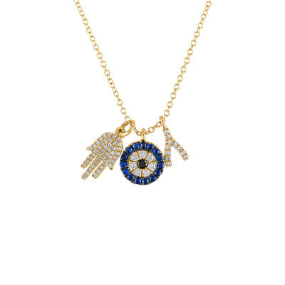 14KT GOLD DIAMOND AND BLUE SAPPHIRE CHARM NECKLACE