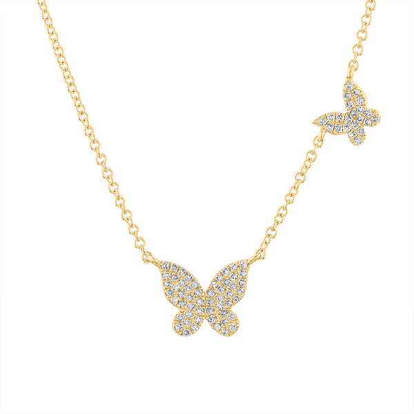 14k  Yellow Gold diamond two butterfly necklace