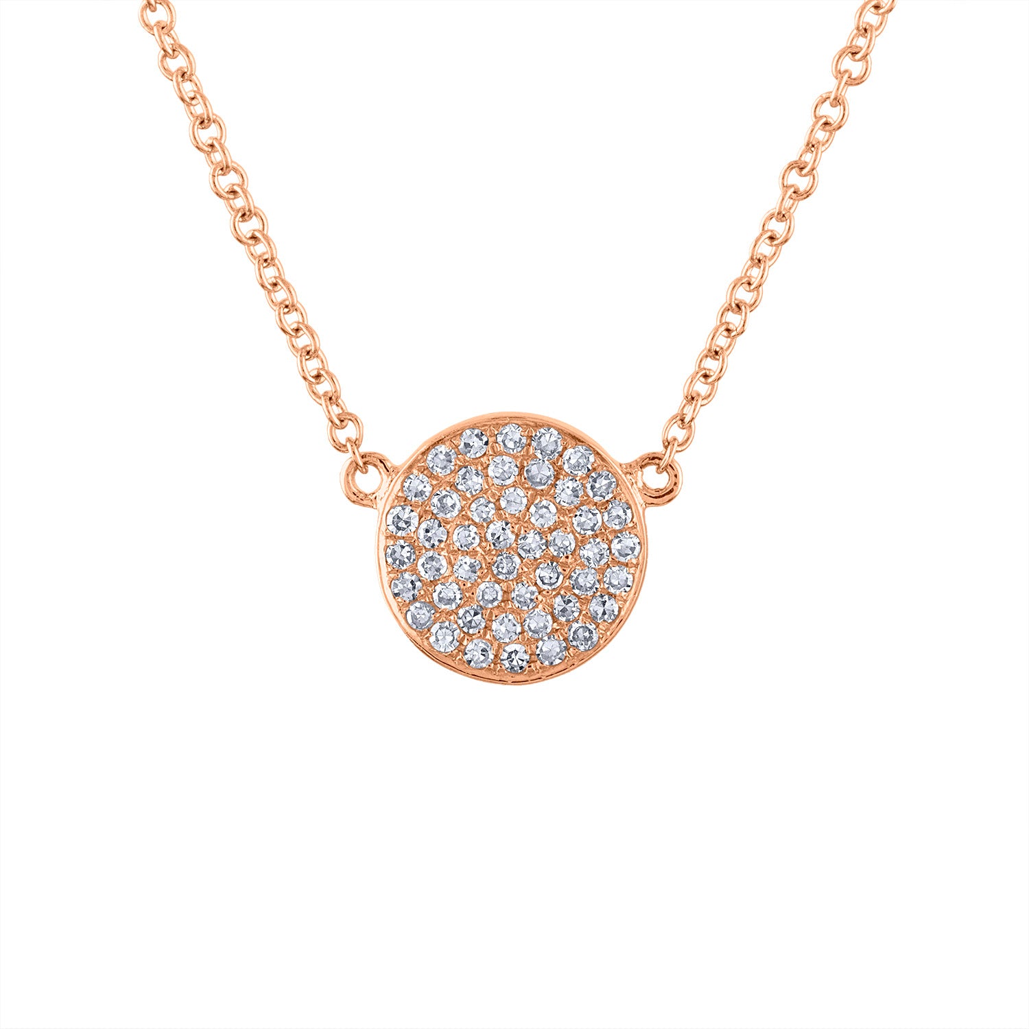 14k Rose Gold small disk pave diamond necklace