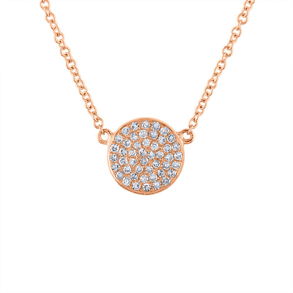 14k Rose Gold small disk pave diamond necklace