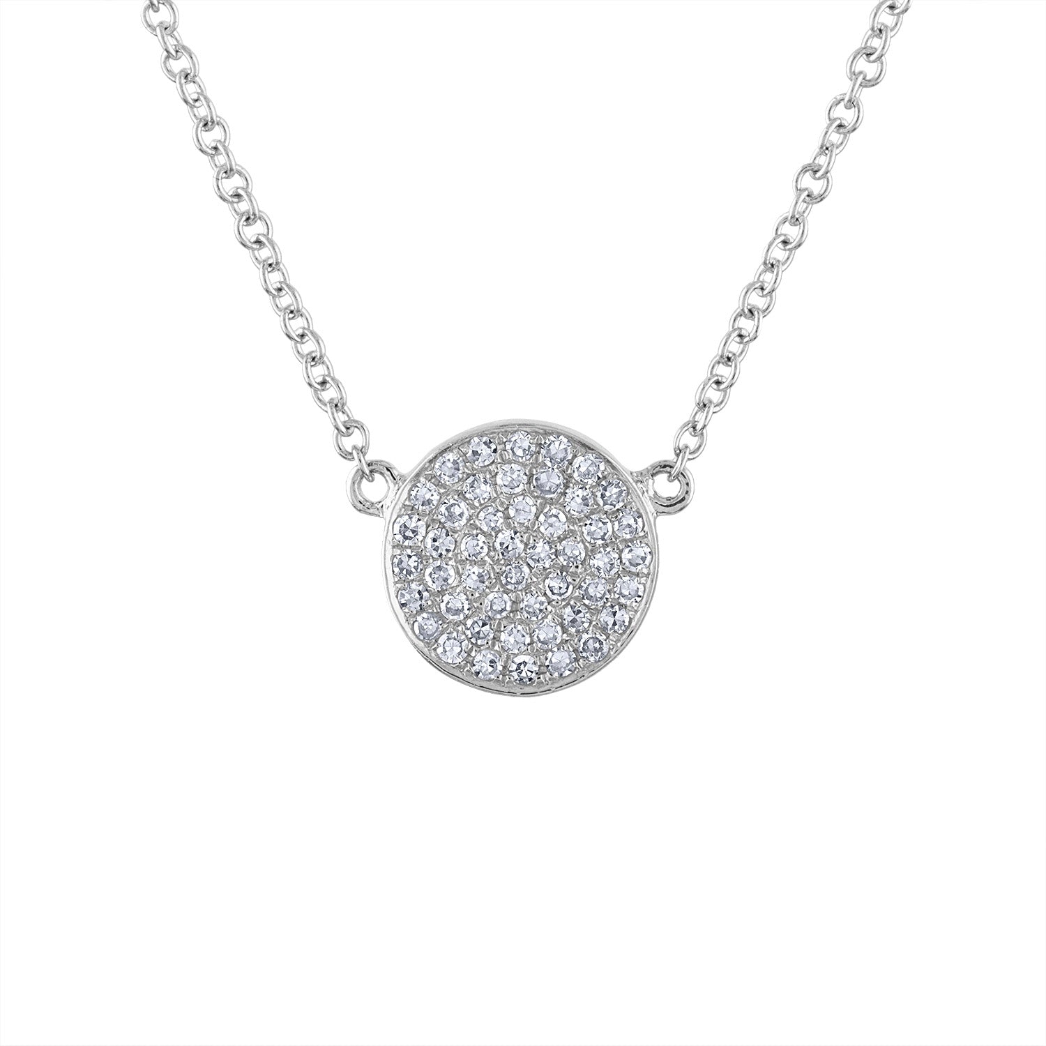 14k White Gold small disk pave diamond necklace