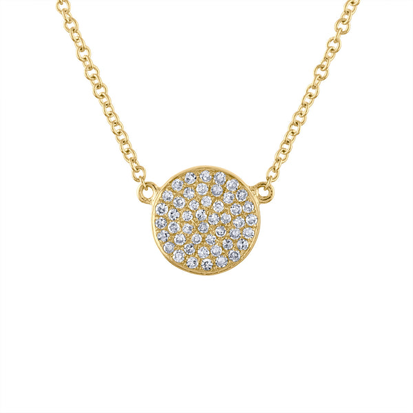 14k Yellow Gold small disk pave diamond necklace