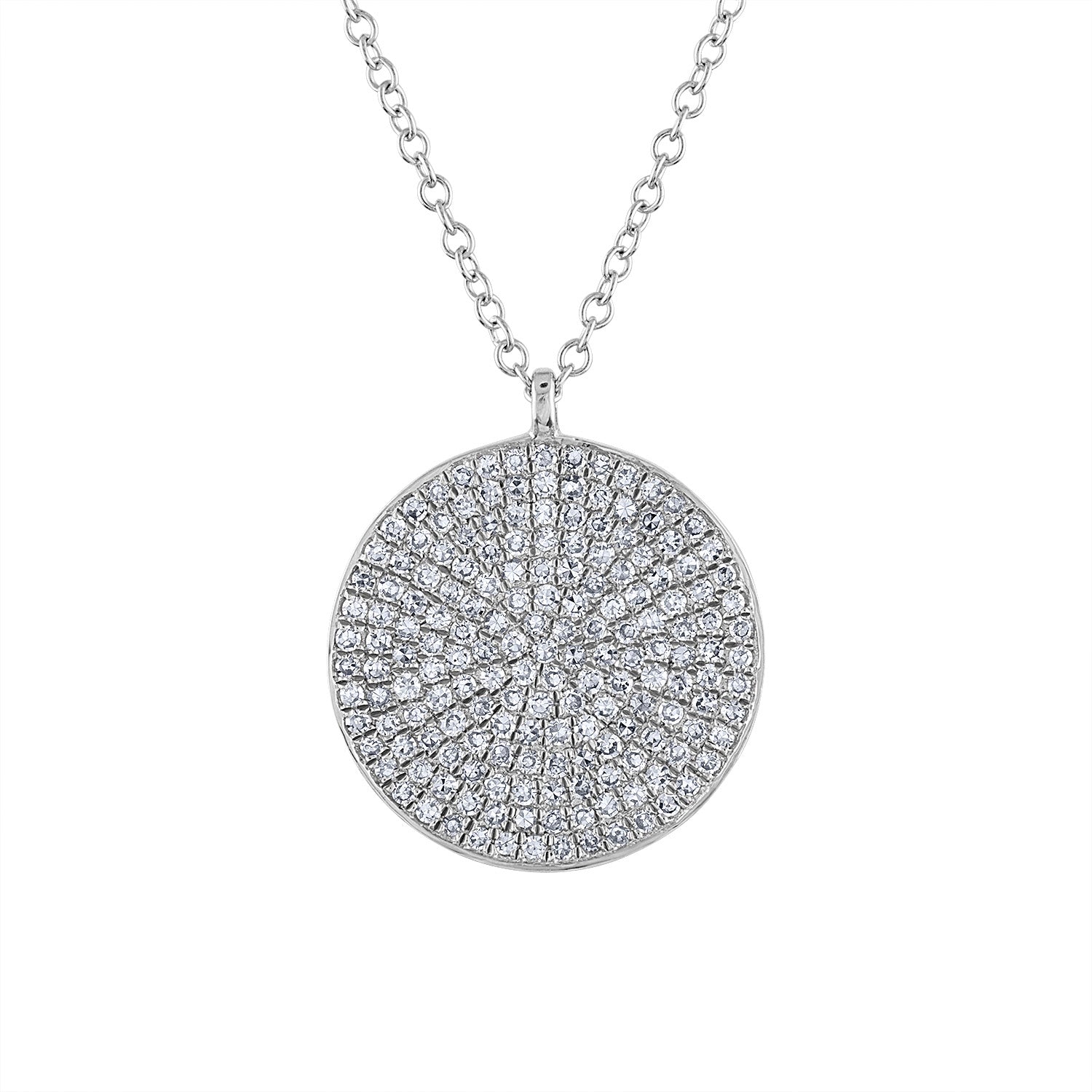 14k White Gold diamond large pave disk necklace
