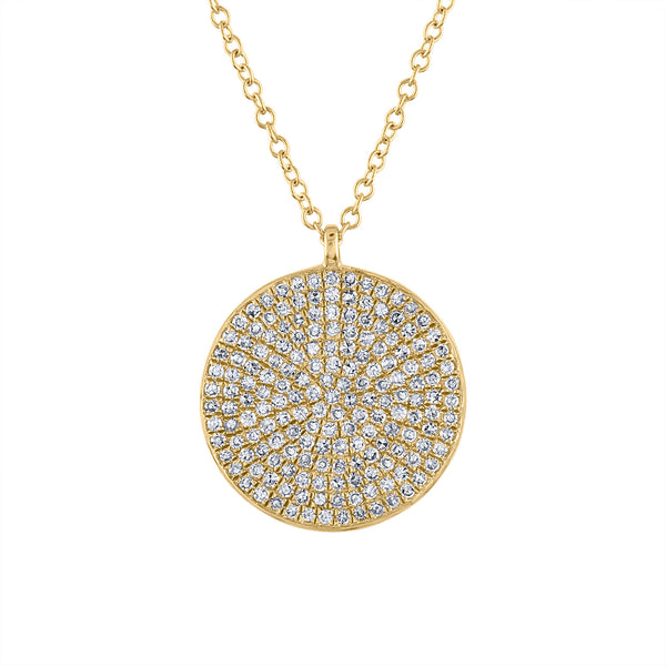 14k Yellow Gold diamond large pave disk necklace