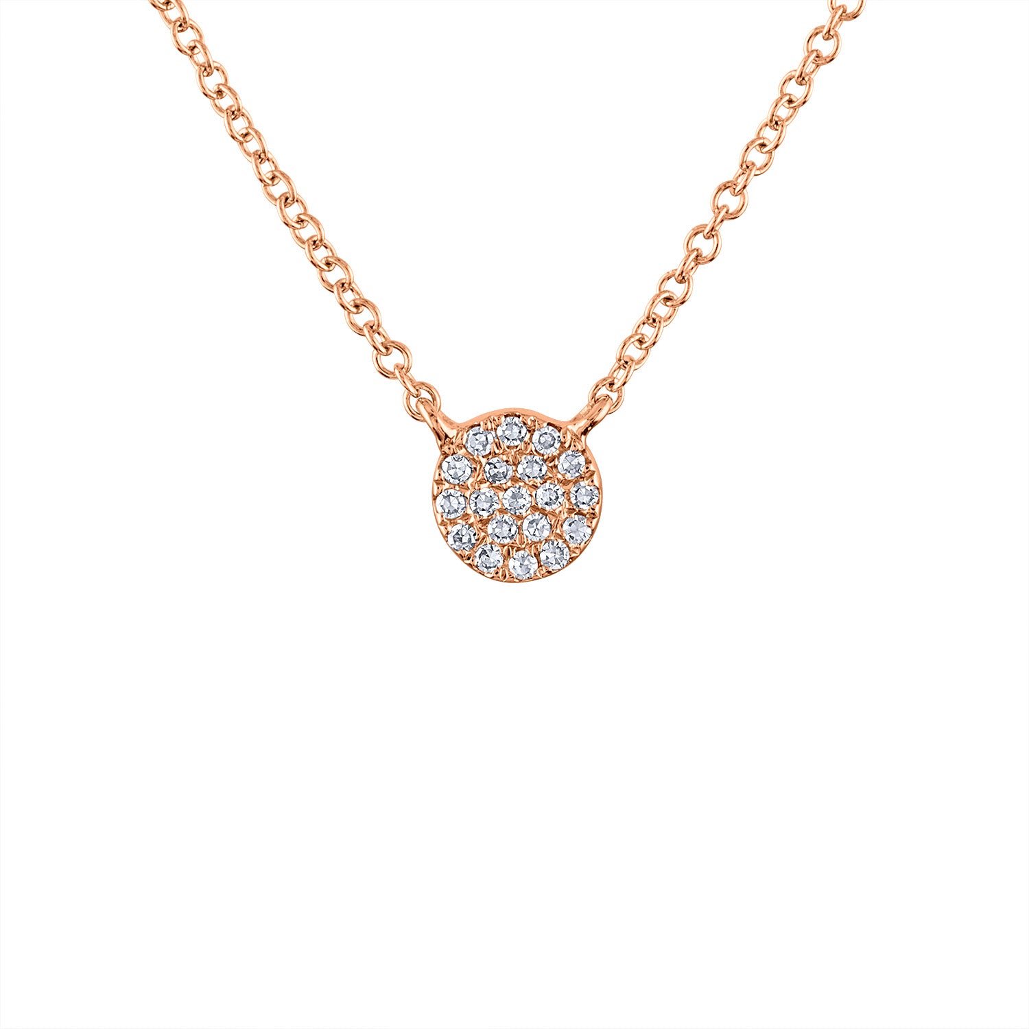 14k Rose Gold mini disk pave diamond necklace