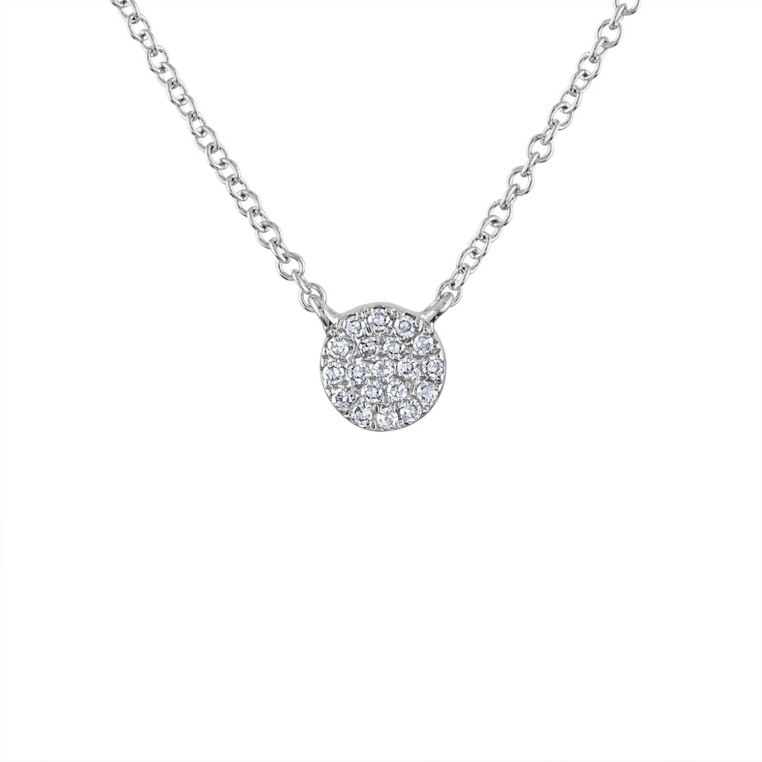 14k White Gold mini disk pave diamond necklace