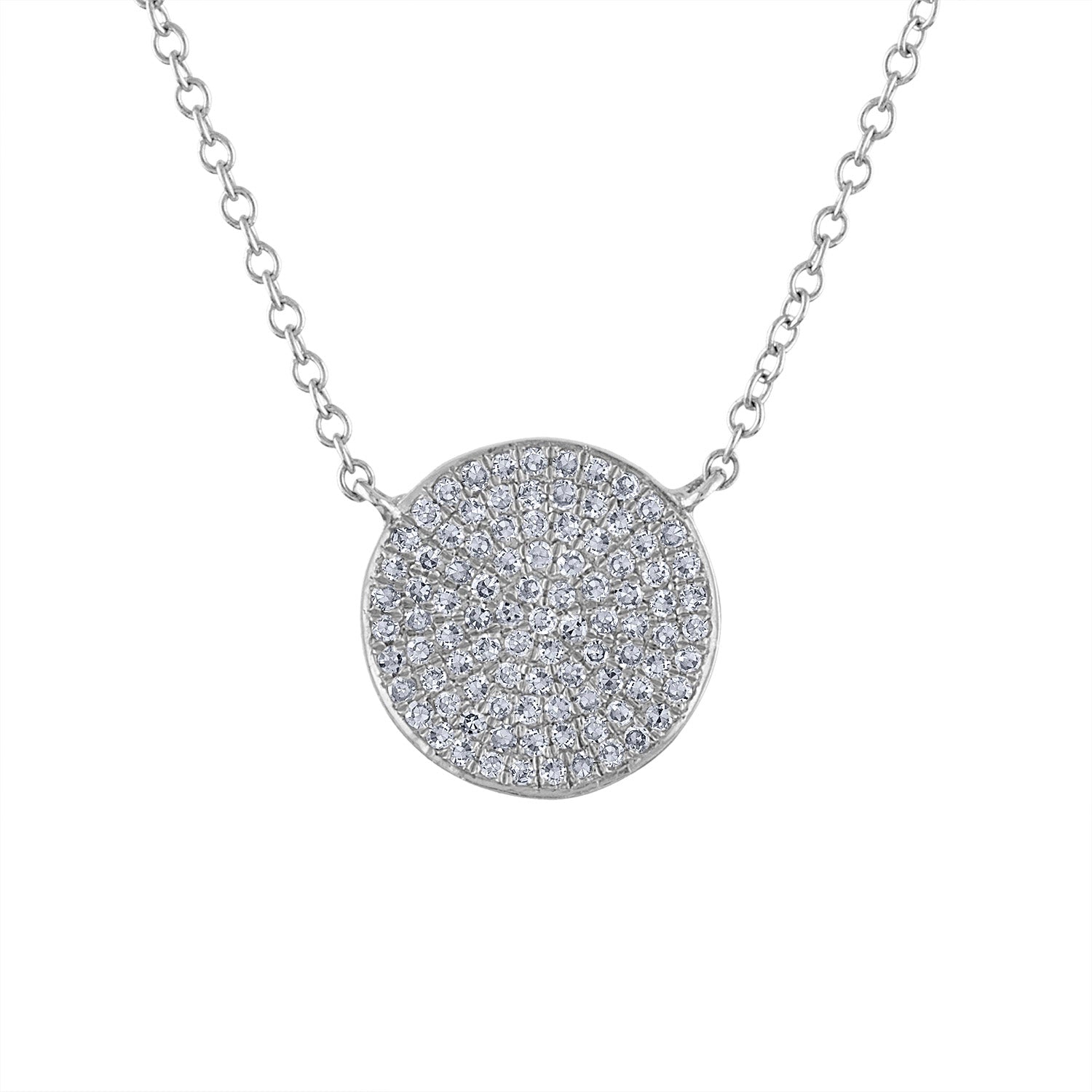 14k White Gold diamond medium disk pave necklace