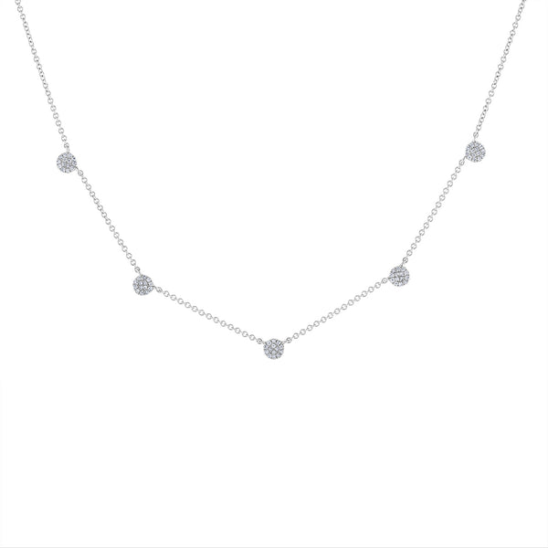 14k White Gold diamond five pave disk necklace