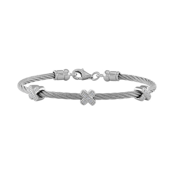 14k White Stainless Steel  diamond  "X" rope bangle