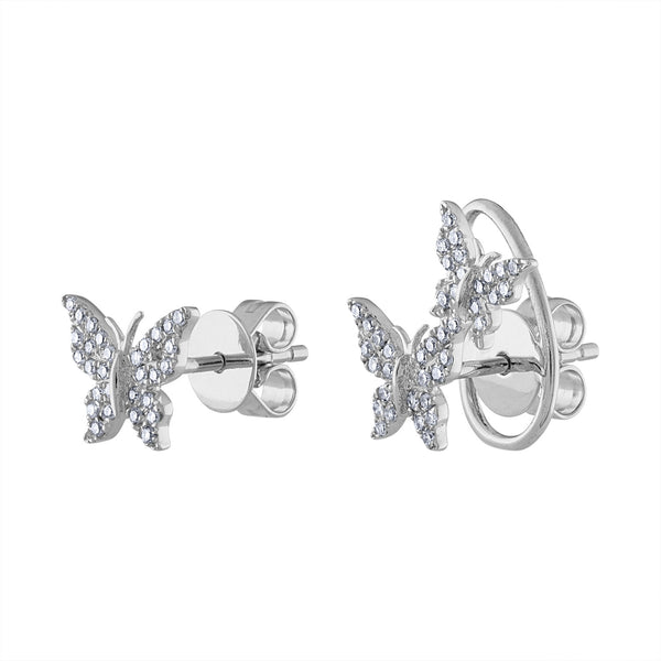 14K White Gold diamond butterfly and double butterfly earring