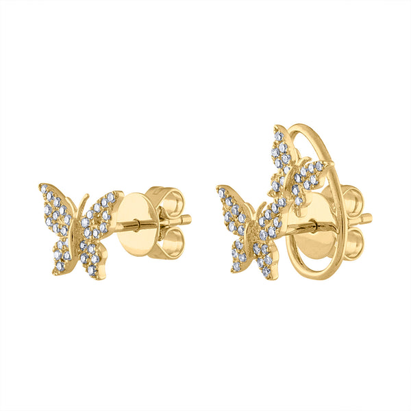 14K Yellow Gold diamond butterfly and double butterfly earring