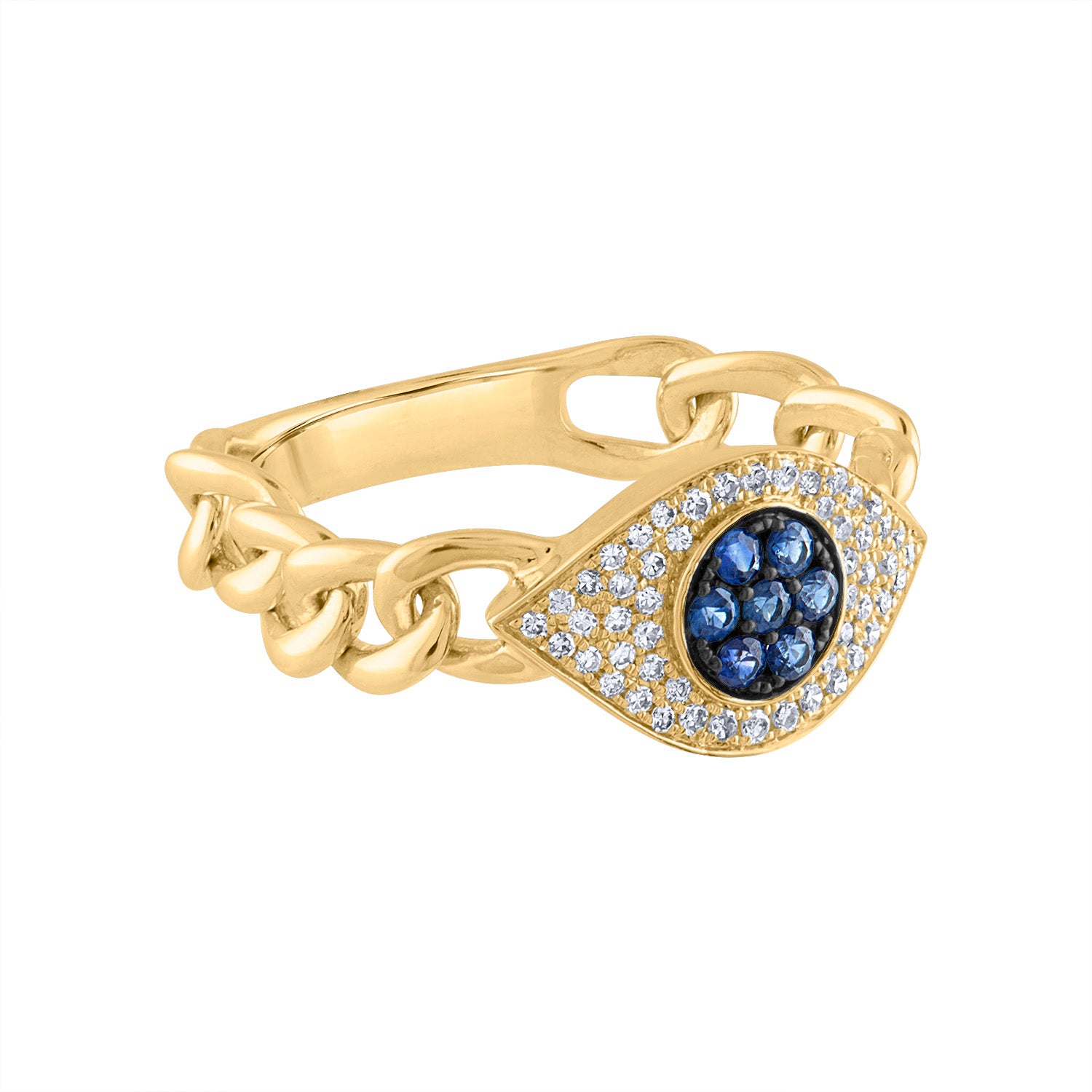 14KT GOLD DIAMOND AND BLUE SAPPHIRE EVIL EYE CHAIN LINK RING
