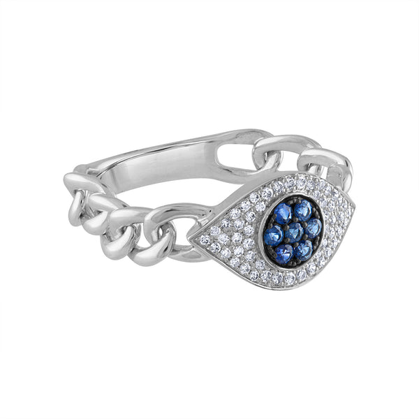 14KT GOLD DIAMOND AND BLUE SAPPHIRE EVIL EYE CHAIN LINK RING